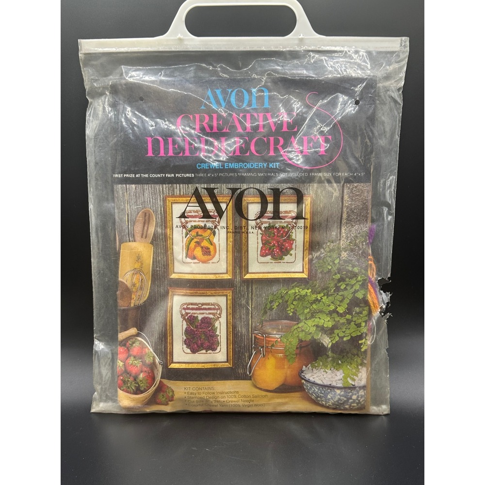 Vintage 1975 Avon Creative Needlecraft Crewel Embroidery Kit Fruit Jars 3-Pack